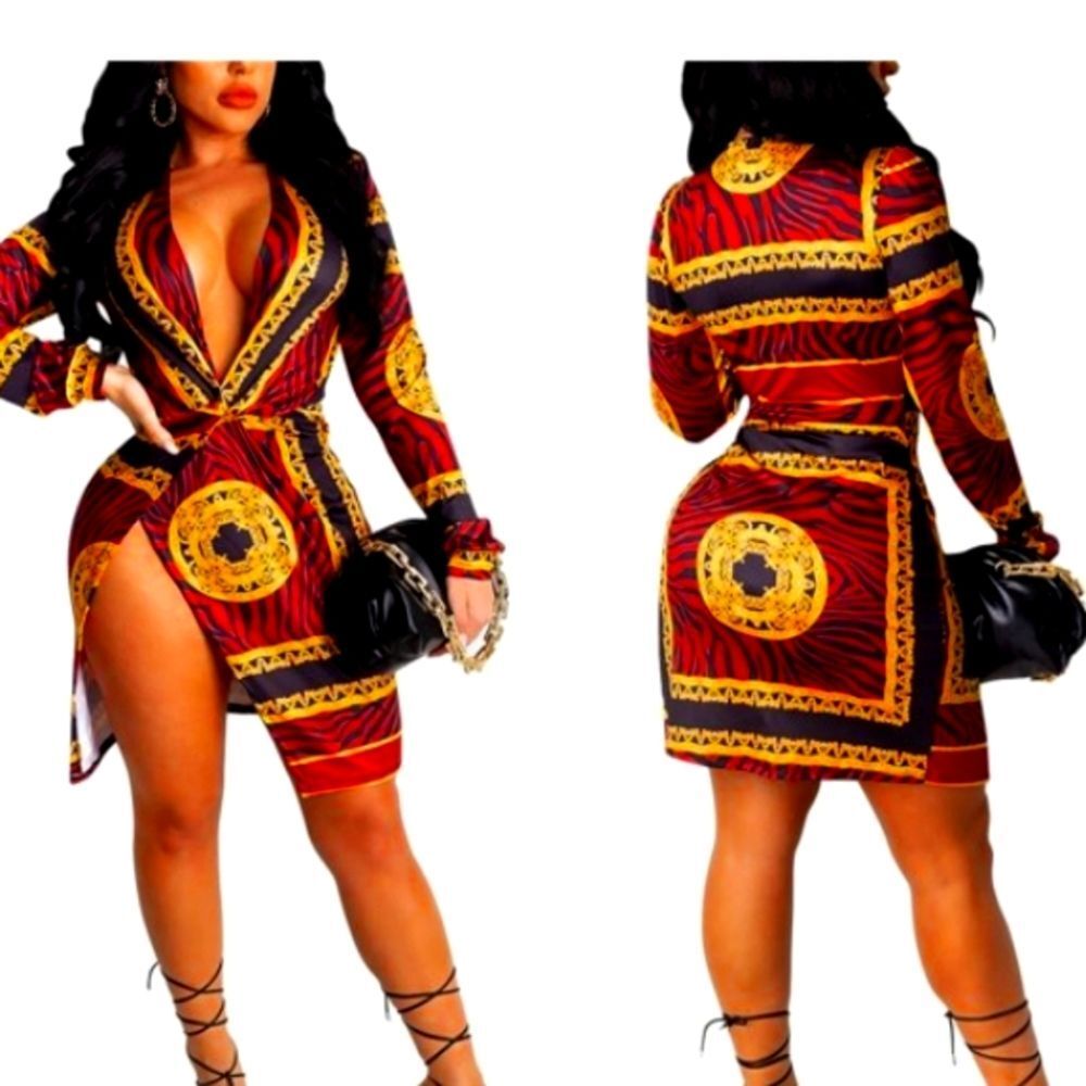 CBR Exclusive High Slit, Deep Plunge Pattern Mini Dress‎